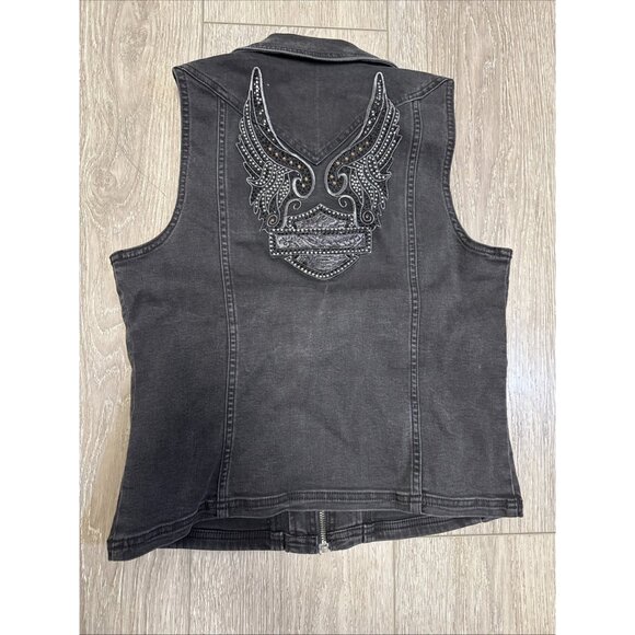 HARLEY DAVIDSON EMBROIDERED WINGED LOGO BLACK FULL ZIP DENIM VEST WOMEN'S SIZE M - Picture 2 of 12